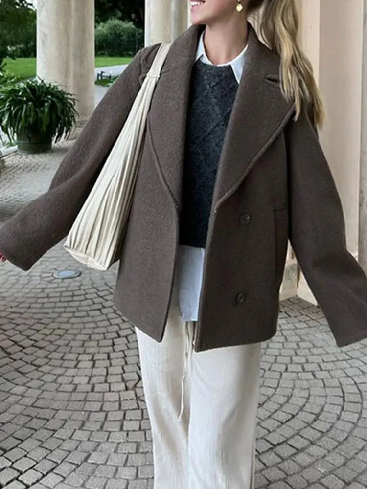 Elegant Brown Woolen Coat Thick Lapel Single Breasted Pocket Jackets 2024 Autumn Winter Lady Long Sleeve Loose Outwear 240930