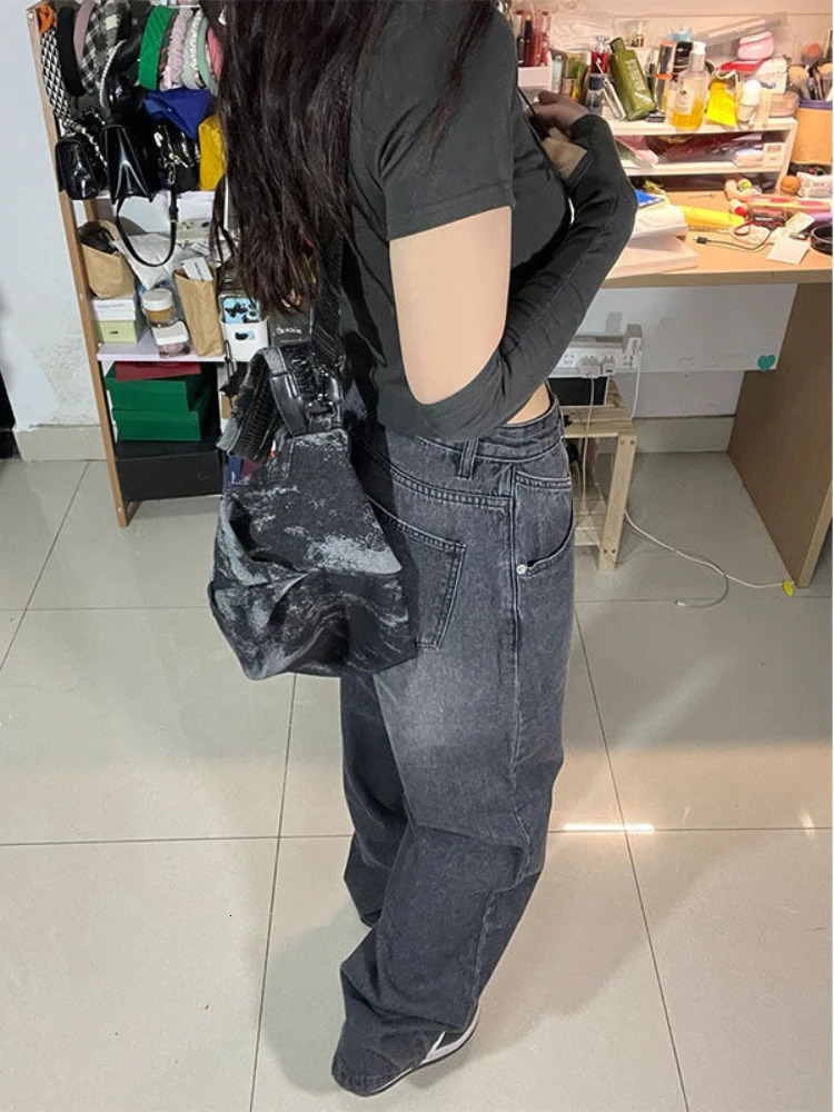 QWEEK Vintage Black Baggy Jean Korean Streetwear Oversize Harajuku High Waist Pants Grunge Y2K Denim Wide Leg Trousers 241007