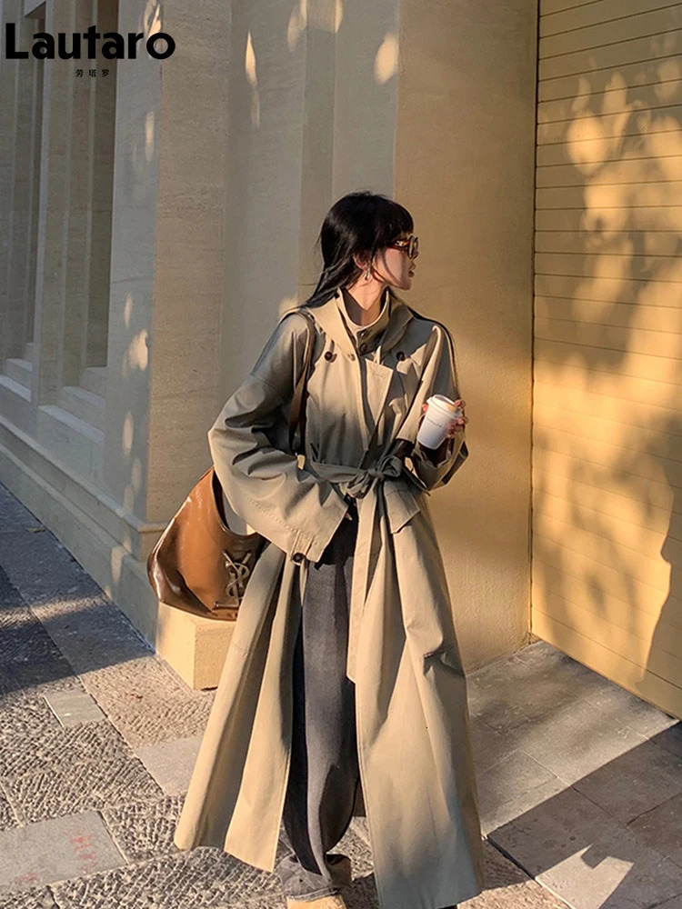 Lautaro Spring Autumn Long Oversized Light Khaki Trench Coat for Women with Hood Double Breasted Loose Casual Overcoat 2024 241008
