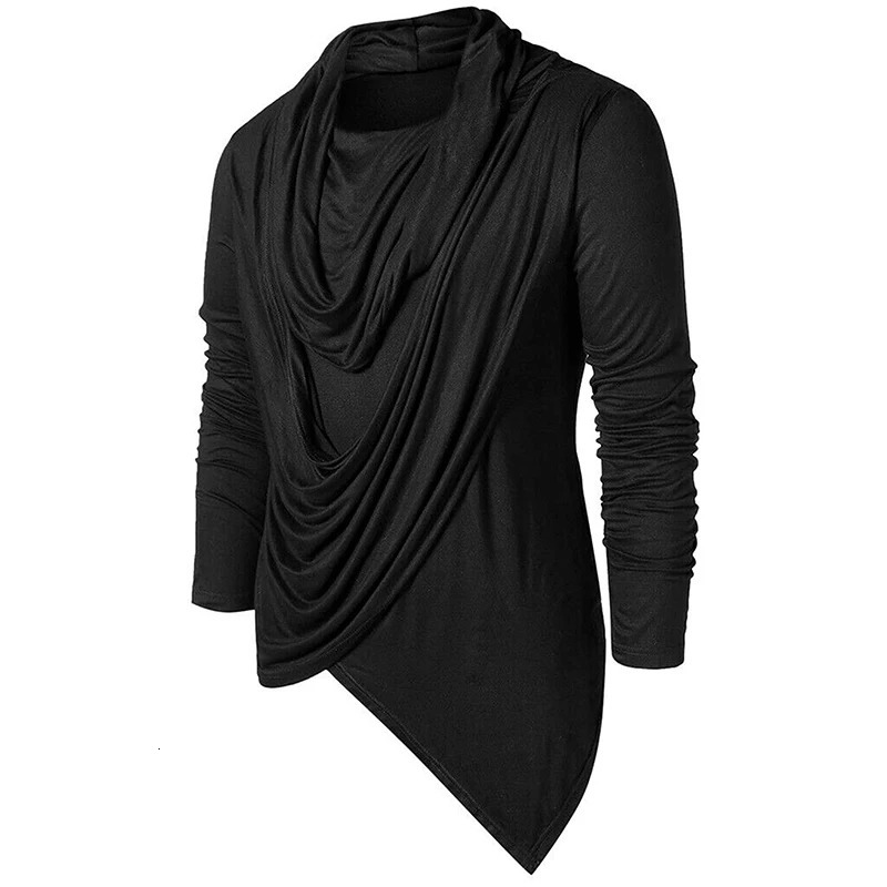 Men s Draped Collar TShirt Long Sleeve Cowl Neck Loose Tops Ruched Asymmetric Hem Pullover Lightweight Jumper 241011