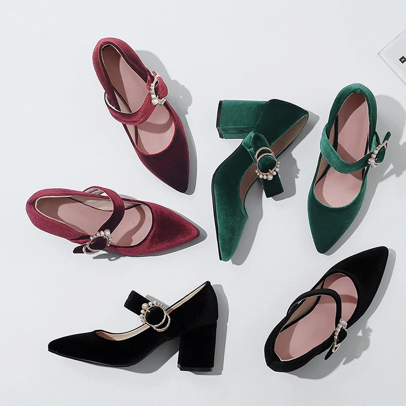 Velvet Mary Jane Shoes Women Pearls Buckle High-heeled Velour Green Burgundy Pumps Office Banquet Party Dress Shoes Ladies 33-43 241010