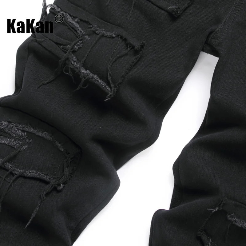 Kakan European and American casual slim fit small leg elastic straight mens jeans black scratch long 9010 241008