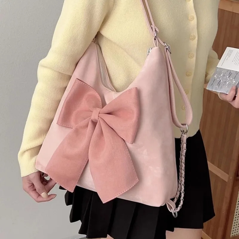 Xiuya Pink Bow Womens Shoulder Bag Korean Fashion Large Capacity Sweet Backpack Cute and Elegant Womens Handbag 241008