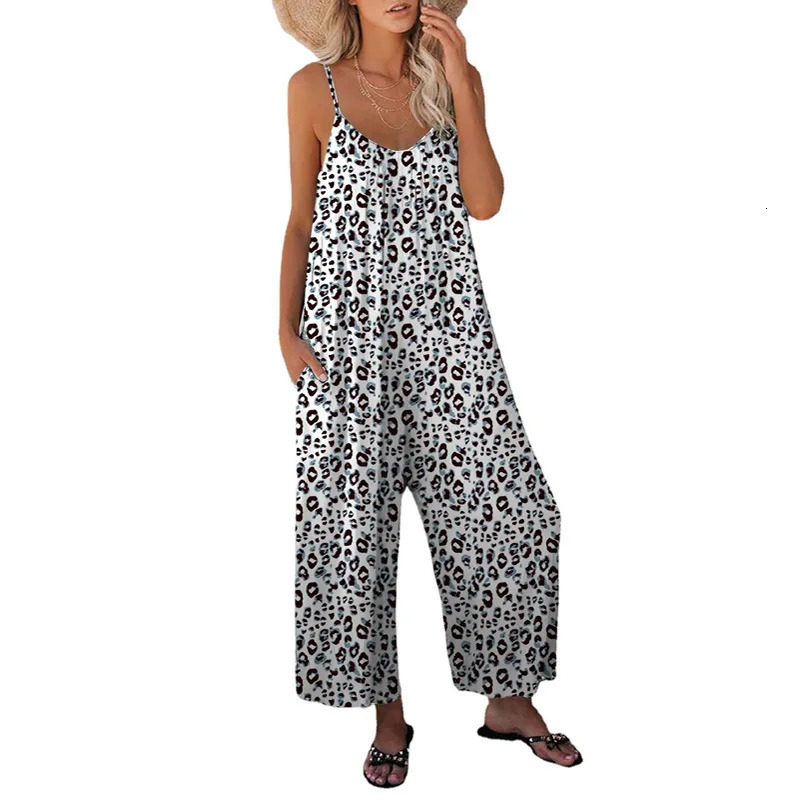 2023 Summer Womens Pants Cross Border Leopard Pattern Pocket Loose Casual Strap Jumpsuit 240930