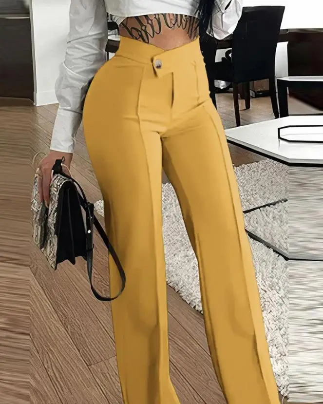 Womens City Elegant Trouser 2024 Spring/Summer Latest Button Straight Legal Work Pants Casual High Waist Versatile Pants 241010