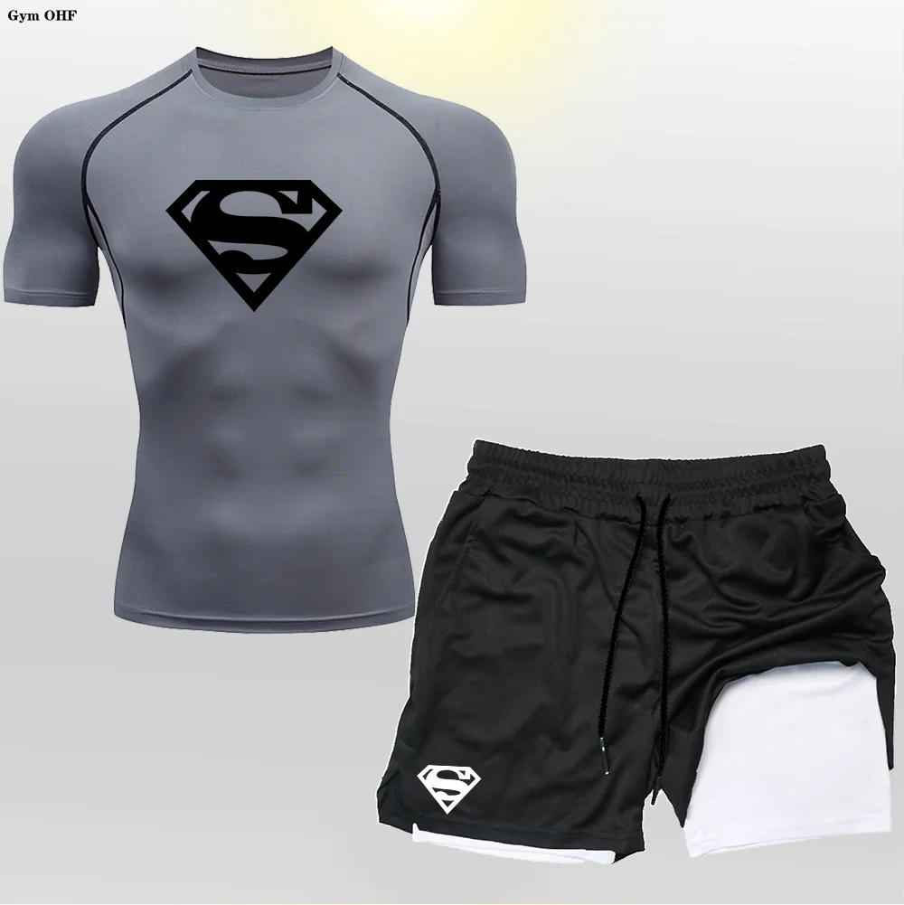 Super/Hero Men's Compression Shirts 2 in 1 Shorts Set Man Sportswear Fitness Gym Workout Rash Guard Kits Quick Dry Shirt