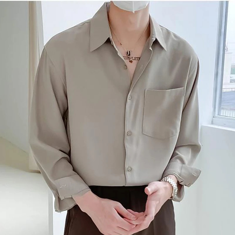 Spring and autumn fashion high-end mens shirt long sleeved simple casual chic shirt loose dress solid color fully matched mens top 241010
