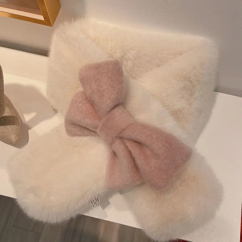 Japanese Sweet Girl Pink Bow Neck Scarf Womens AutumnWinter Faux Fur Cute Fury Scarf Fashion Female Trendy Accessories 241009