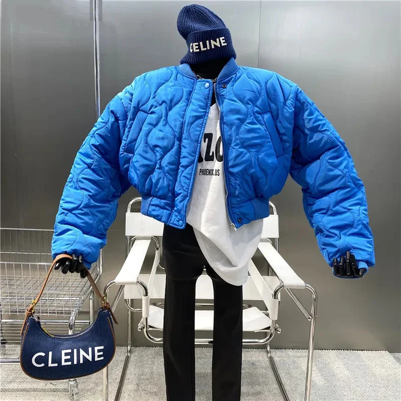 Trendy Cropped Winter Bomber Jackets Streetwear White Parka Thick Cotton Chaquetas Warm Zip Up Short Quilted Outwear 240930