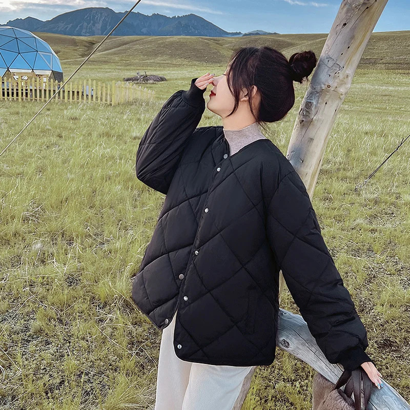 2023 Short Cottonpadded Jacket Female Down Cotton Coat Autumn Winter Women Light Thin Quilted Lattice Parkas Casual Tops Coats 240930