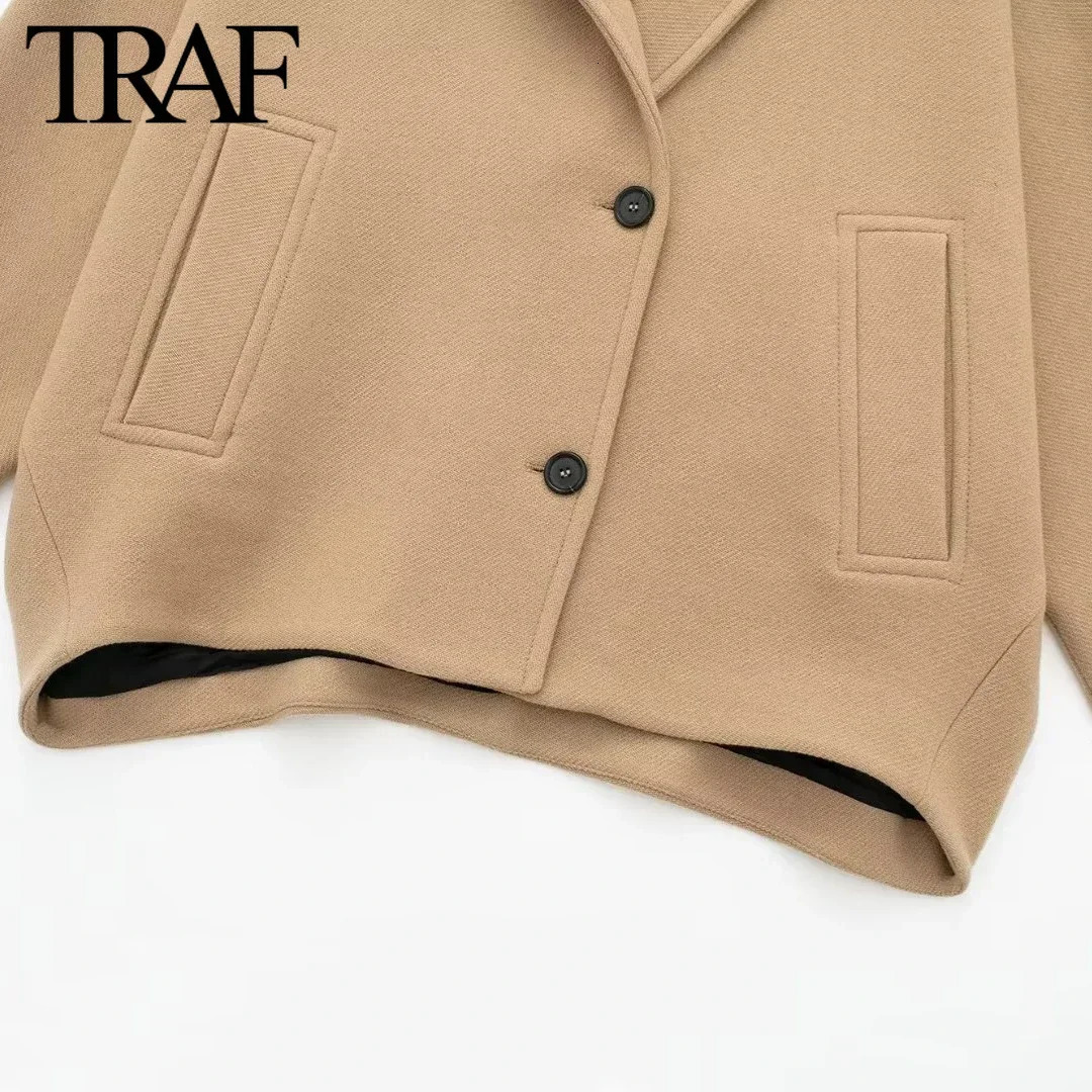 TRAF Women Fashion Autumn Winter Pocket Wool Blended Coat Jacket Long Sleeved Single Breasted Lapel Coats Chic Ladies Tops Mujer 240930