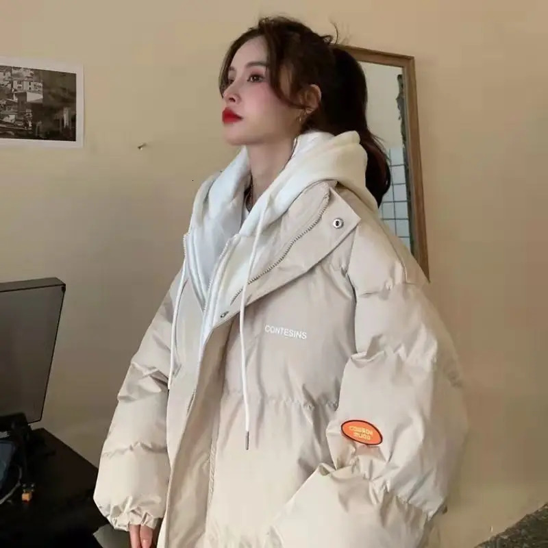 Winter Plus Velvet Thickened Fake Two piece Down Jacket for Women Y2k Street Fashion Korean Casual Loose Warm Cotton Apron Jacket 241009