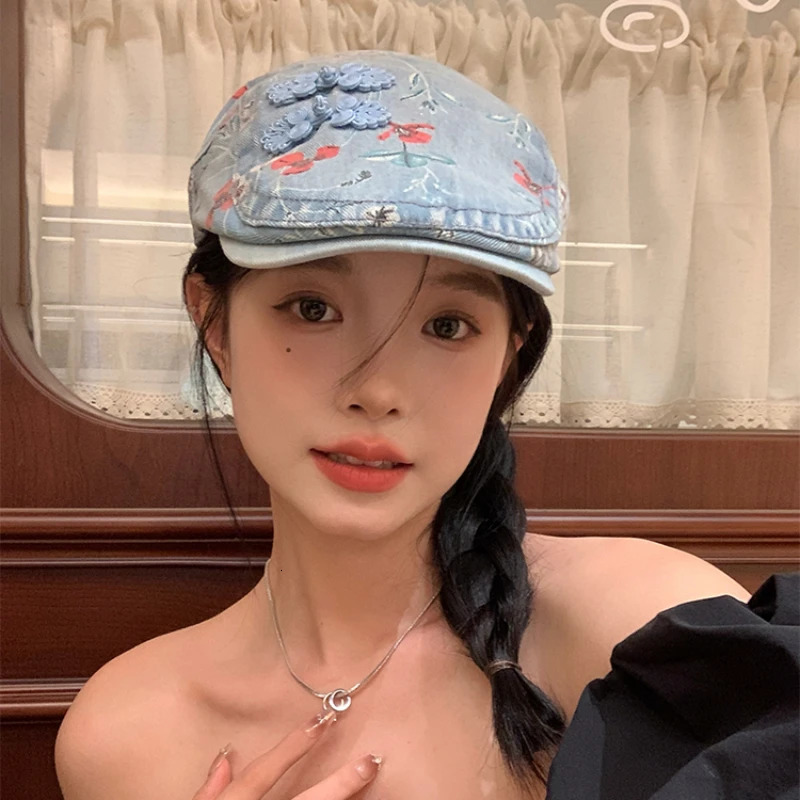 Chinese Style Retro Button Denim Berets for Women Spring and Summer Fashion Flower Print Versatile Casual Forward Hats 241009