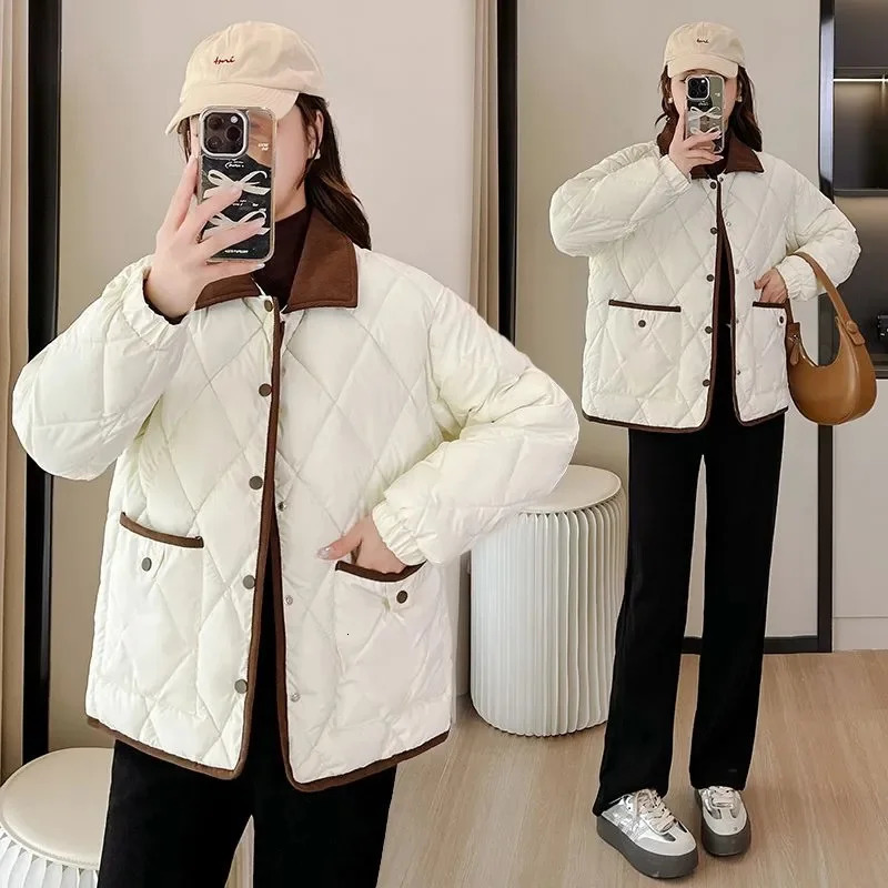 Lingge CottonPadded Jacket Women 2024 Loose Large Size Big Pocket Short Cotton Coat Autumn Winter Fashion Puffer Coats 240930