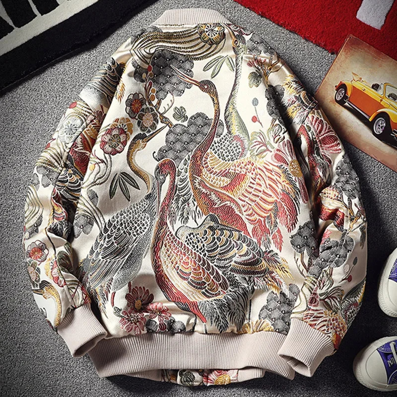 Japanese style mens floral and crane embroidery bomber jacket stand collar streetwear college baseball autumn coat 241011