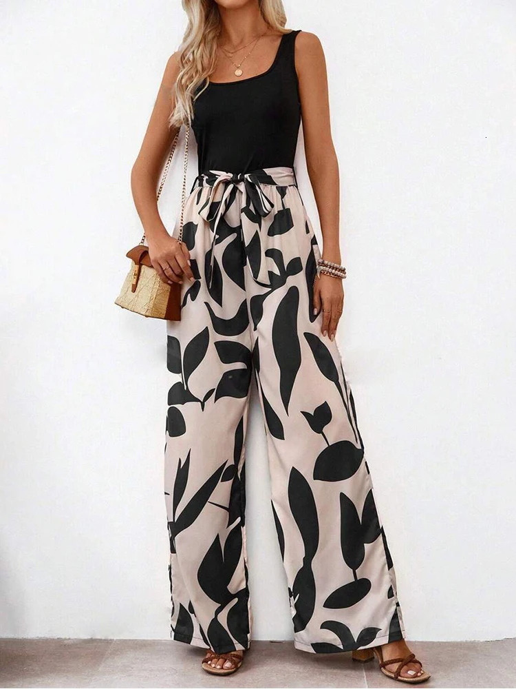 Elegant Sexy Jumpsuit Sleeveless Floral Print Patchwork Trousers Wide Leg Tanks Rompers Loose Style Belted Leotard Overal 240930