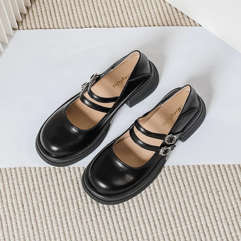 spring womens leather Casual Mary Jane shoes fashion Round head Black loafers Kitten heels Large size 41-43 240927