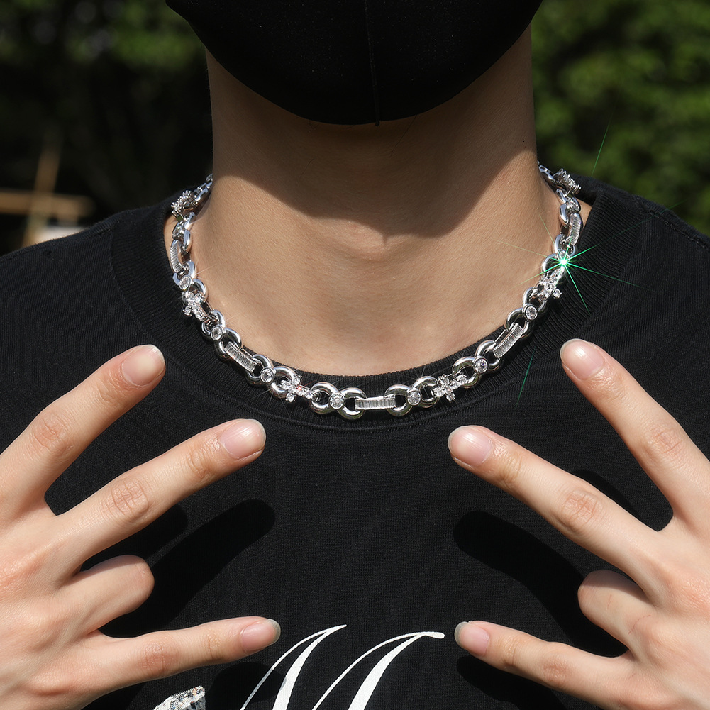 12mm Top Quality Mens Cross Infinite Sign Charms Necklace Choker Iced Out CZ Cubic Zirconia Hip Hop Accessories Spring Buckle Cool Punk Rock Jewelry B