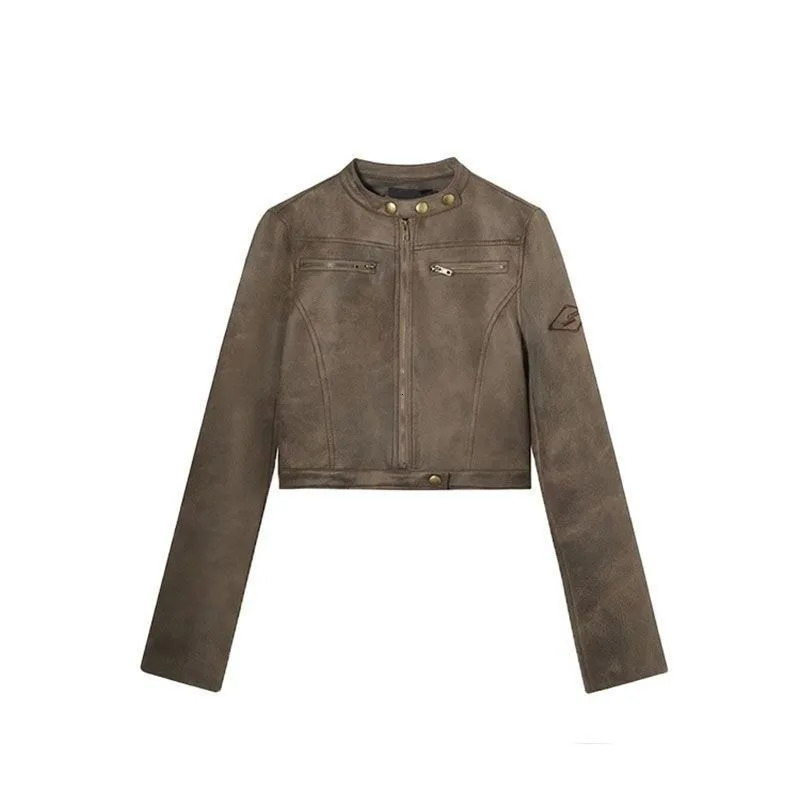 American Retro Brown Suede Leather Jacket Women Spicy Girl Stand Collar Motorcycle Cool Slim Short Spring Fashion Lady Coat 241011