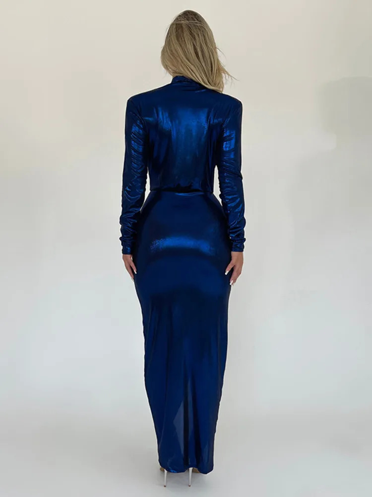 Mozision Deep V Neck Long Sleeve Bodycon Maxi Dress For Women Autumn Winter Ruched Shiny Sexy PU Leather Dress Vestidos 241010