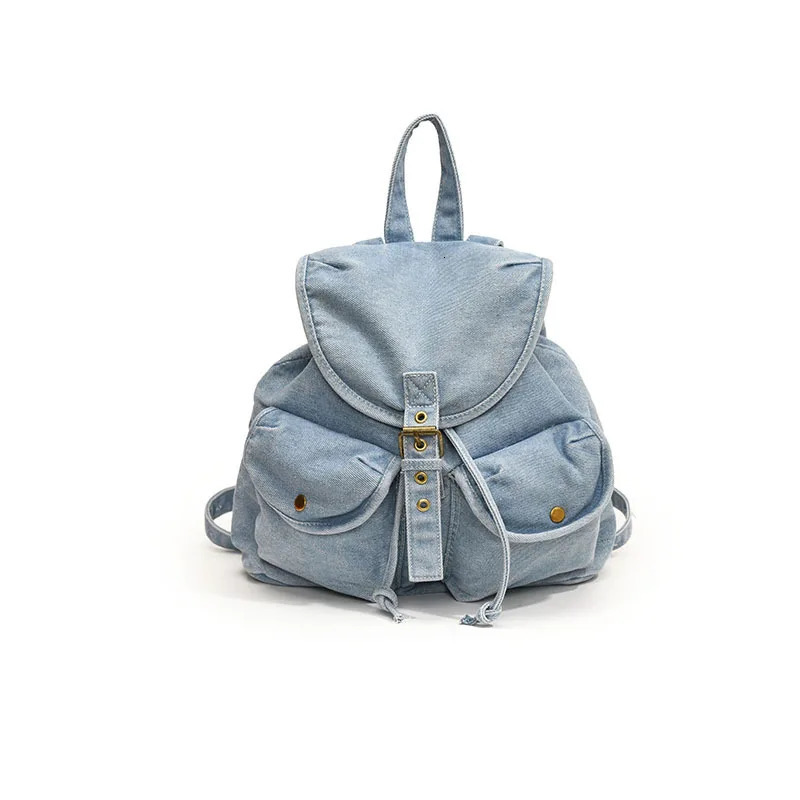 Casual denim drawstring backpack Korean mini Japanese bag canvas fashionable womens handbag travel bag Rucksack school bag 241008