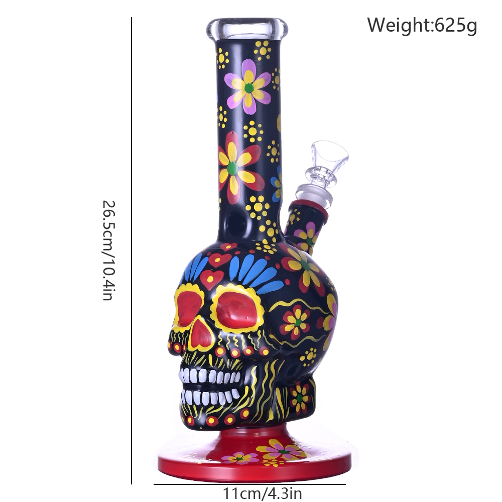 10.4in HippiesGlass,Hand Drawn Human Skeleton & Colored Flowers Glass Beaker Bong,Cute Halloween Bong,Borosilicate Glass Water Pipe,Glass Hookah,Smoki