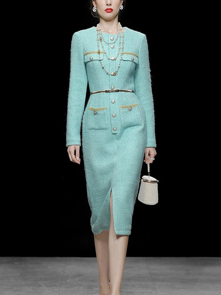 IEQJ temperature ultra-thin waist thick tweed womens full sleeved office womens long party dress spring fashion 3WQ1401 241011