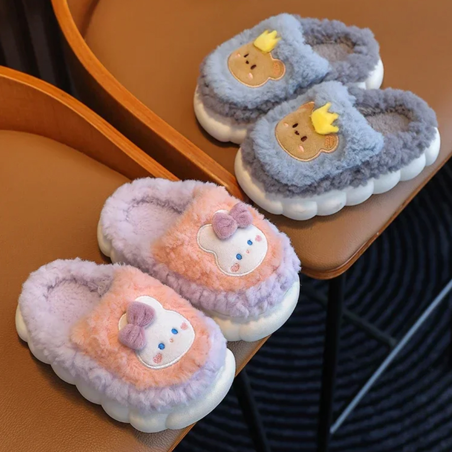 Kids Warm Plush Slippers Autumn Winter Boys Girls Cartoon Rabbit Bear Animal Cotton Slippers Children Non Slip Indoor Home Plush Slippers Sizes 24-36