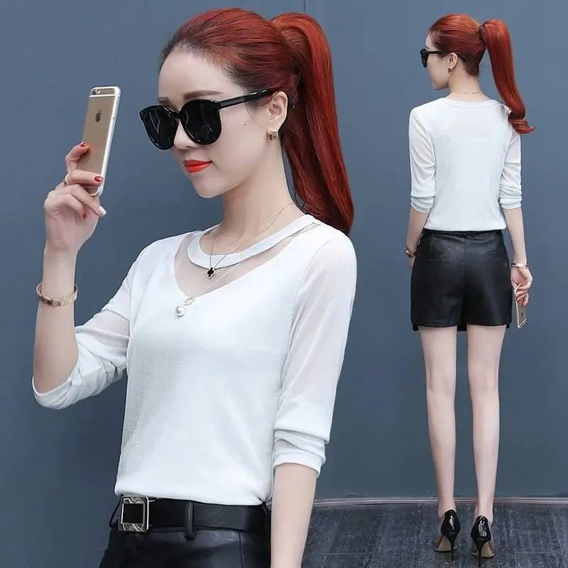 Net Yarn Patchwork Slim Bottoming Shirt Spring Long Sleeve Solid Color Hollow Out T Tops Elegant Vintage Women Clothes 241011
