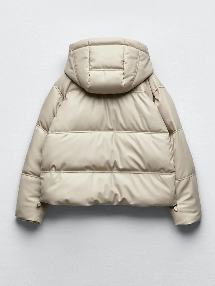 Winter Women Faux Leather Puffer Jacket 2024 Warm PU Snow Hooded Parka Female Casual Loose Coat Zipper Long Sleeve Overcoat 241010