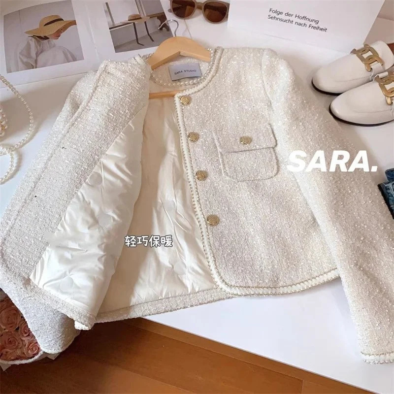 HighEnd Warm Down Cotton Jacket With Fragrance Tweed Woven Quilted Woolen Suit For Women Autumn Winter ONeck Short Top 241011