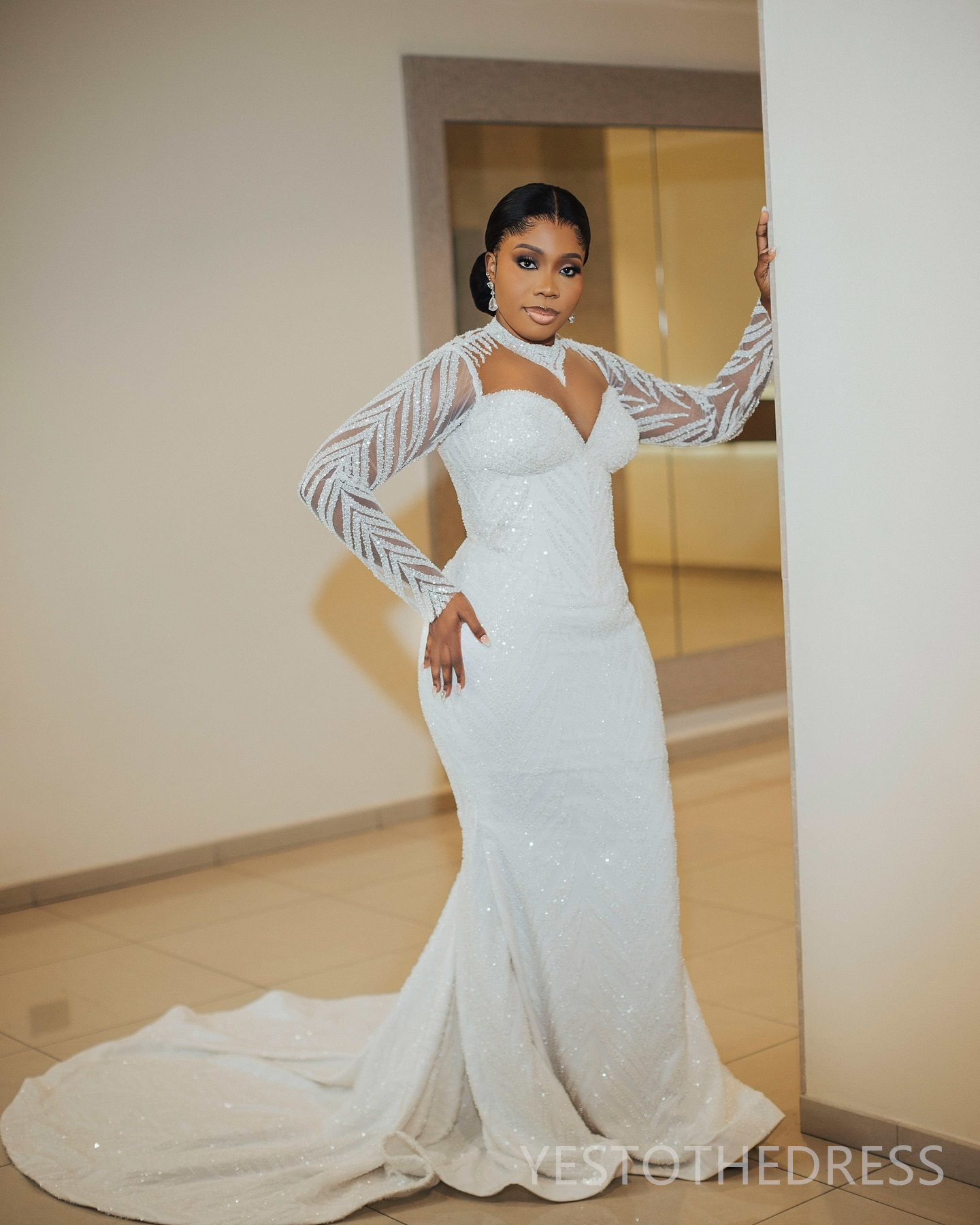 2024 Plus Size Aso Ebi Wedding Dress Bridal Gowns For Bride Sheer Neck Illusion Mermaid Long Sleeves Beaded Lace Wedding Gowns for African Black Women