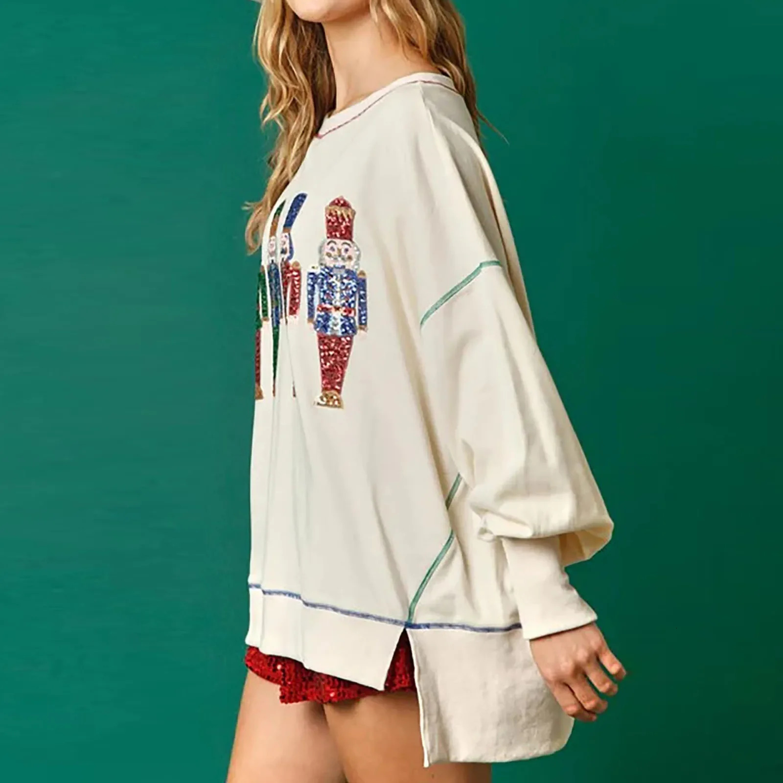 Imcute Women Cute Santa Sweatshirt Christmas Nutcracker Sequin Print Shirts Crewneck Long Sleeve Pullover Sweatshirts Tops 241011