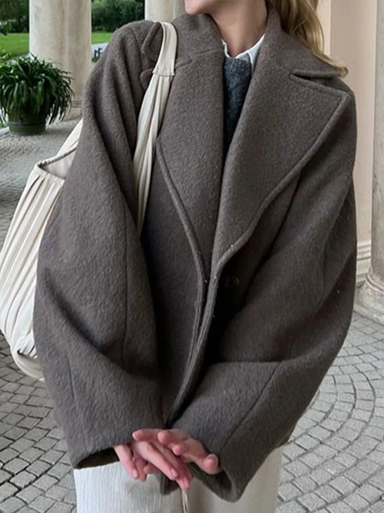 Elegant Brown Woolen Coat Thick Lapel Single Breasted Pocket Jackets 2024 Autumn Winter Lady Long Sleeve Loose Outwear 240930