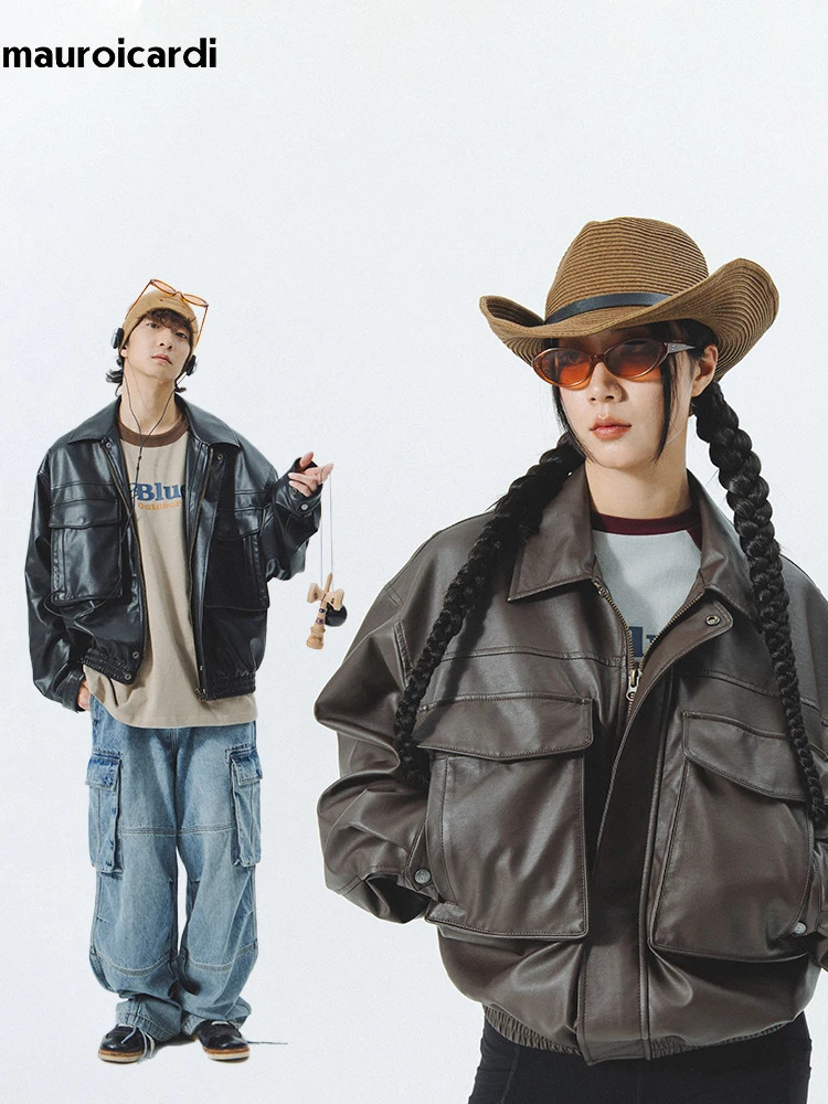 Mauroicardi Spring Autumn Vintage Cool Black Brown Soft Pu Leather Moto Jacket Men Zipper Pockets Cargo Clothes 241011