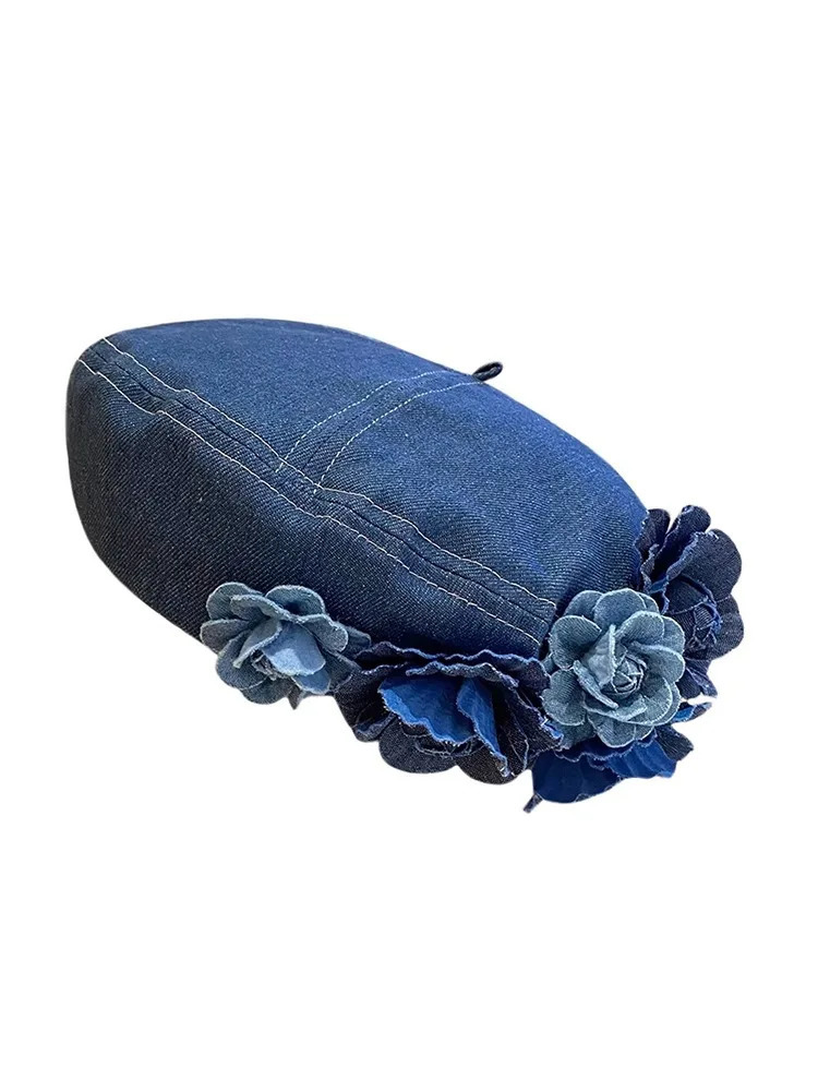 Ladies Denim Beret Hats Flower Cowboy Vintage Hat Women Retro Casual Painter Hat Female Trendy Spring Autumn Hat 241009