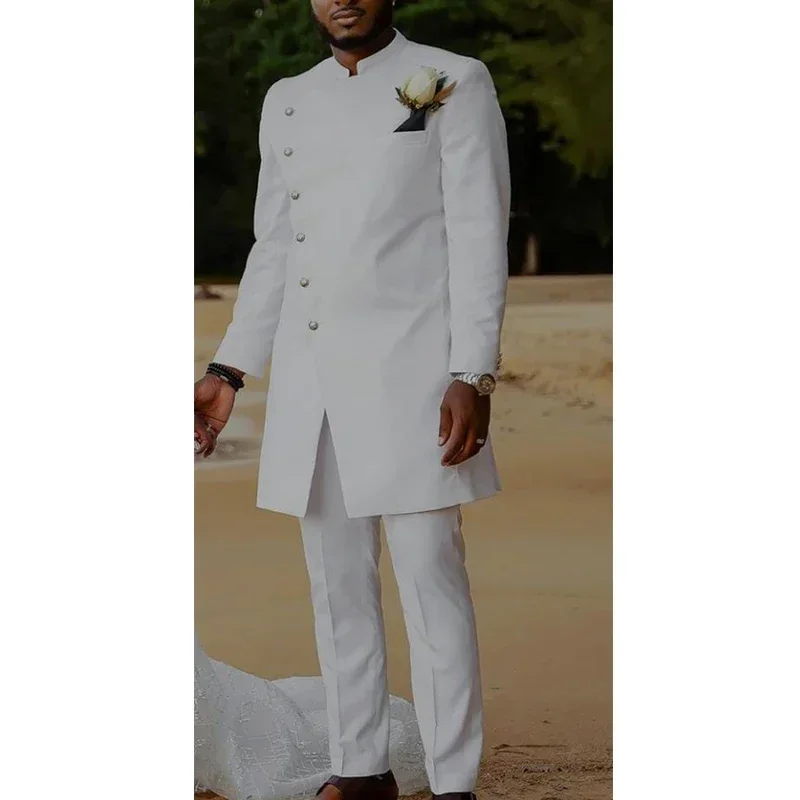 Formal Men Suits with Stand Collar 2 Pcs Fashion Long Jacket Pants Wedding Tuxedo for African Groom Male Fashion Costumes Custom