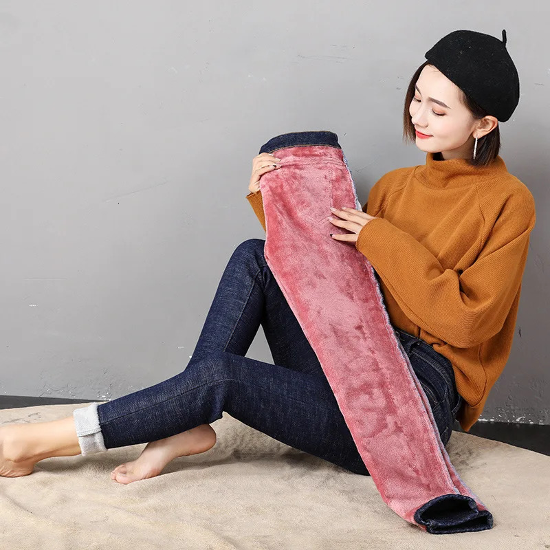 2023 Women Thermal Jeans Winter Snow Warm Plush Stretch Lady Skinny Thicken Fleece Denim Long Pants Retro Pencil Trousers 241007