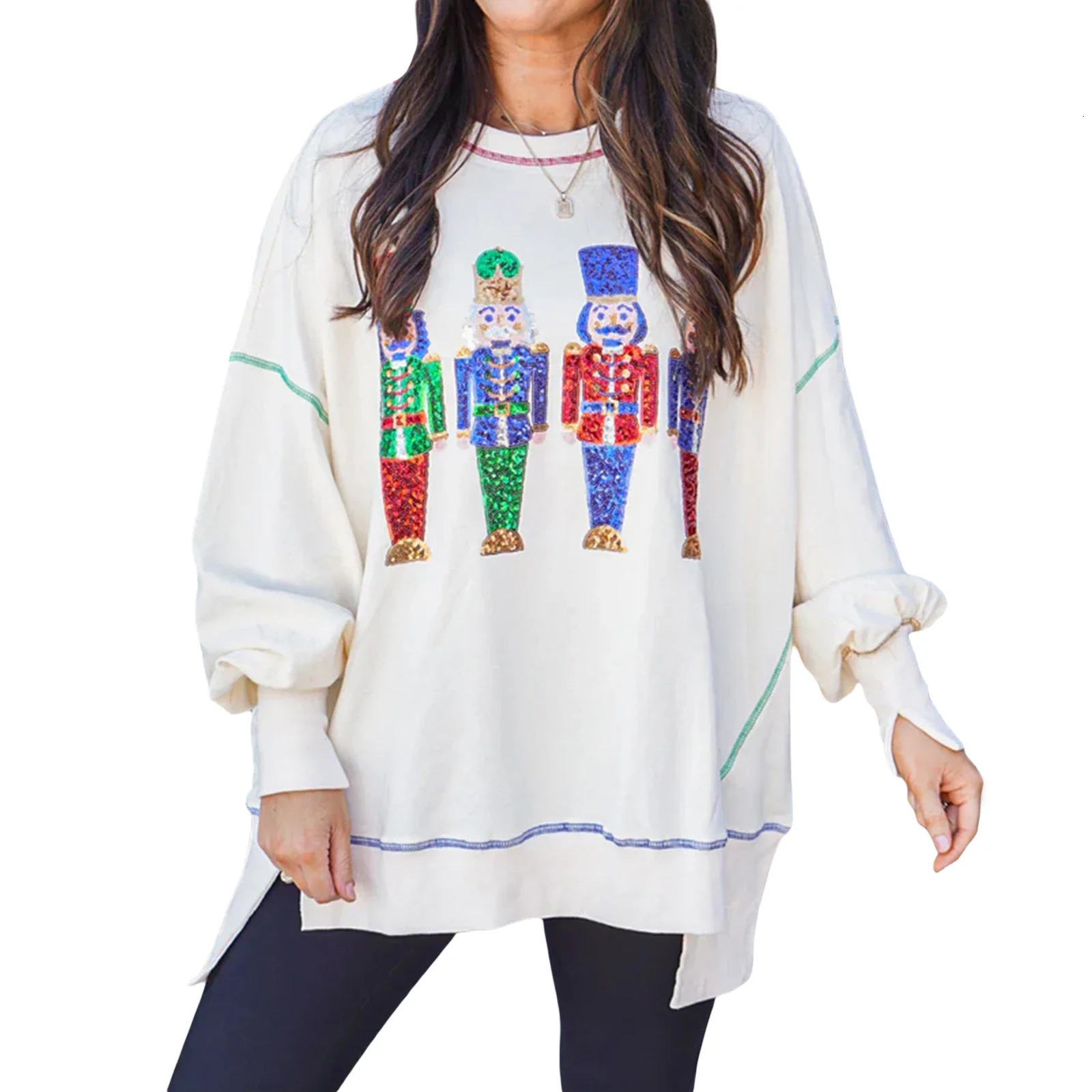 Imcute Women Cute Santa Sweatshirt Christmas Nutcracker Sequin Print Shirts Crewneck Long Sleeve Pullover Sweatshirts Tops 241011