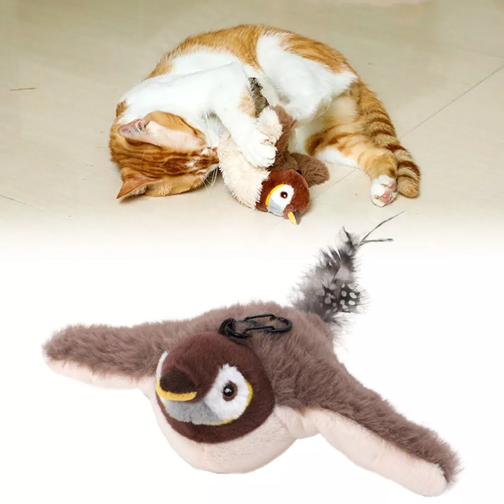 Electronic Flapping Bird Sparrow Cat Toy USB Vivid Chirping Interactive Flying Bird Cat Toys Hangable Touch-Activated
