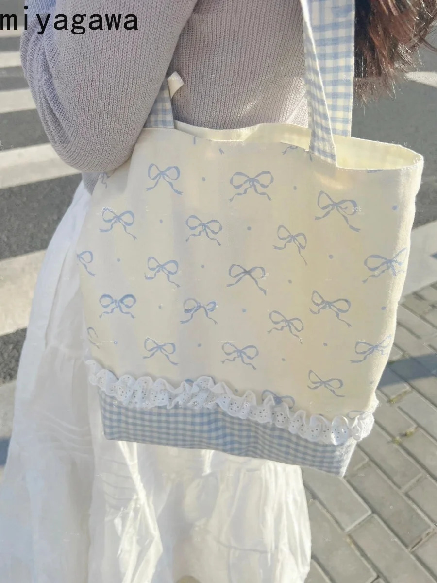 Miyagawa Korean Bow Canvas Bag Summer Fresh Handbag Large Capacity Casual Shoulder Bag 241008