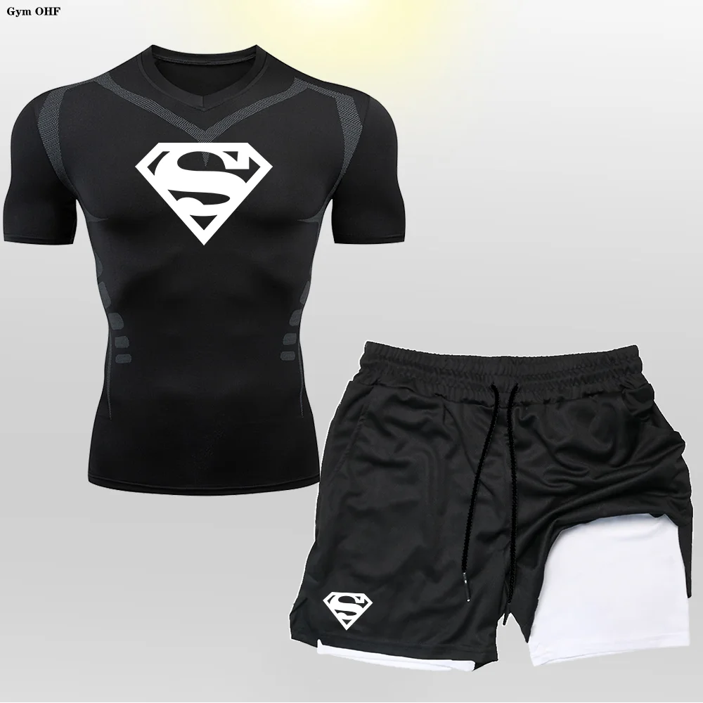 Super/Hero Men's Compression Shirts 2 in 1 Shorts Set Man Sportswear Fitness Gym Workout Rash Guard Kits Quick Dry Shirt