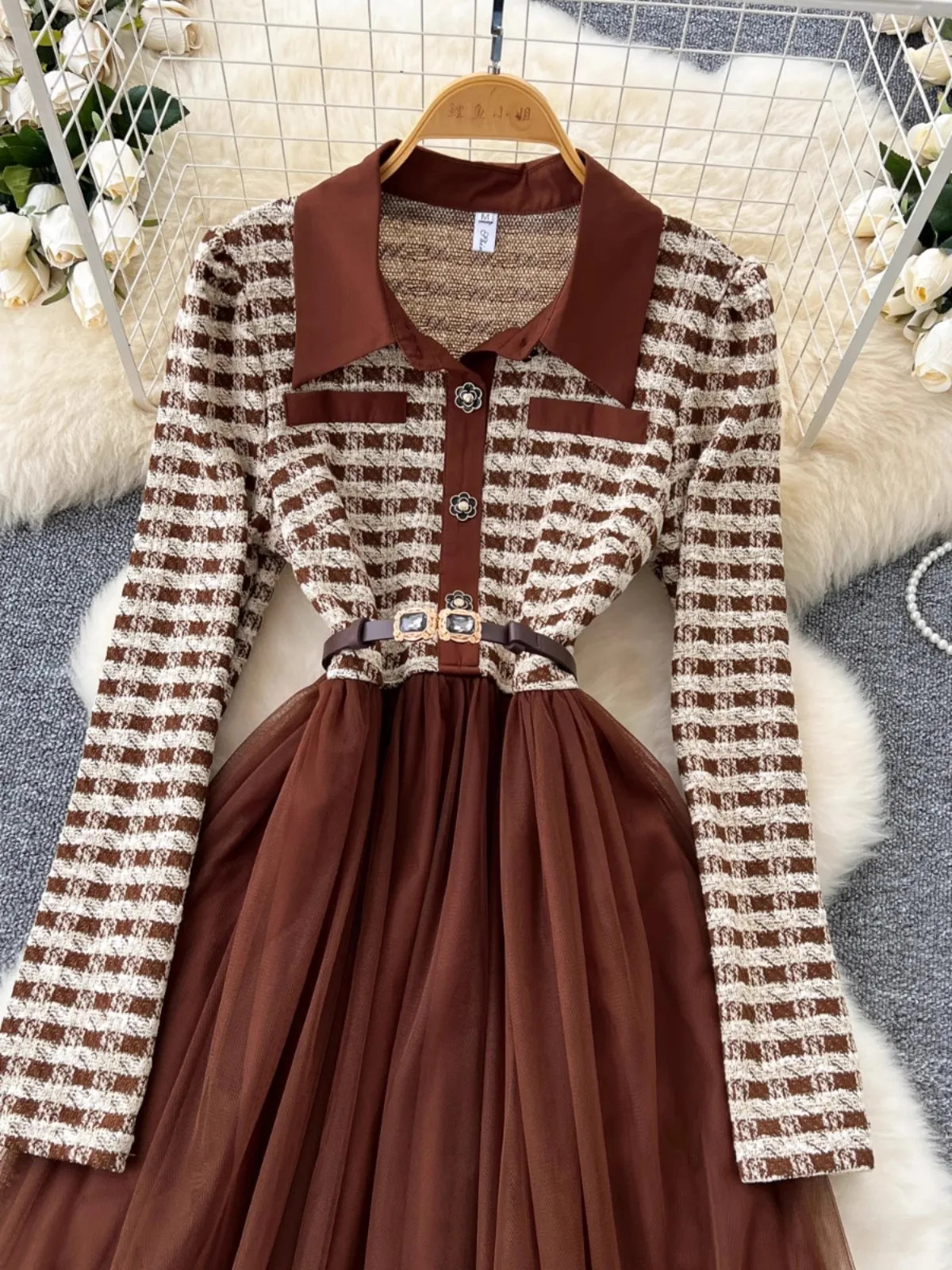 autumn small perfume lapel plain tweed patchwork mesh long skirt womens petal button belt evening party vest 241011