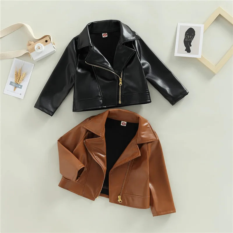 15years Kids Pu Leather Jacket Long Sleeve TurnDown Collar Zipper Clre Casual Outwear For Girls Spring Fall Coats 241011