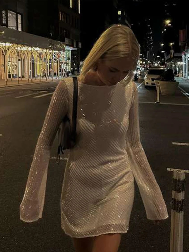 Sexy sequined backless mini dress womens O-neck long sparkling sleeves womens party dress autumn womens sparkling night club Viscodo 241011