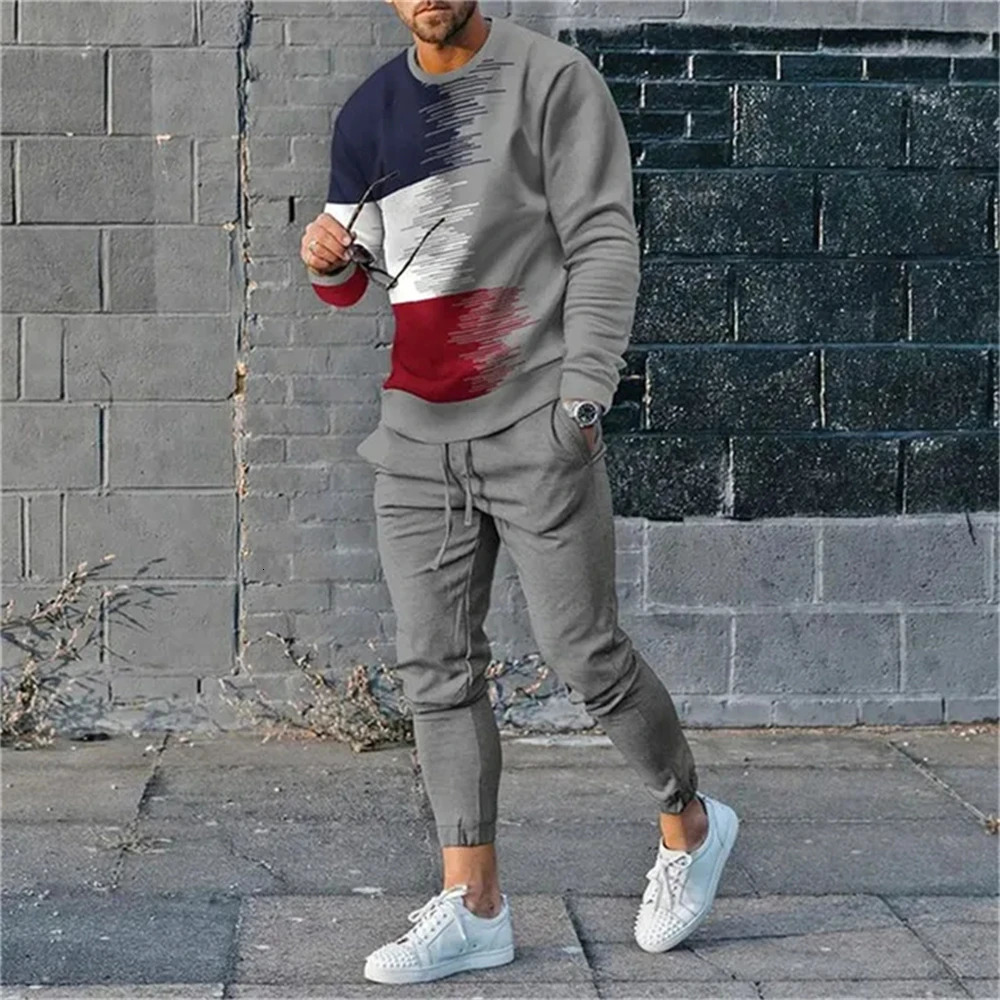 Summer mens track and field clothing 2-piece set trend O-neck long sleeved T-shirtpants oversized loose clothing sports style mens clothing 240930