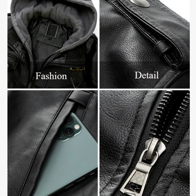 Mens autumn and winter jacket PU leather jacket stand up motorcycle jacket casual detachable hooded jacket 241011