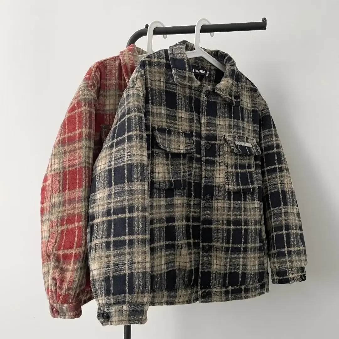 American Style Vintage Tweed Woolen Jacket Loose Fit Plaid Shirt For Men Women Spring Autumn Trendy Casual Clothing 241011