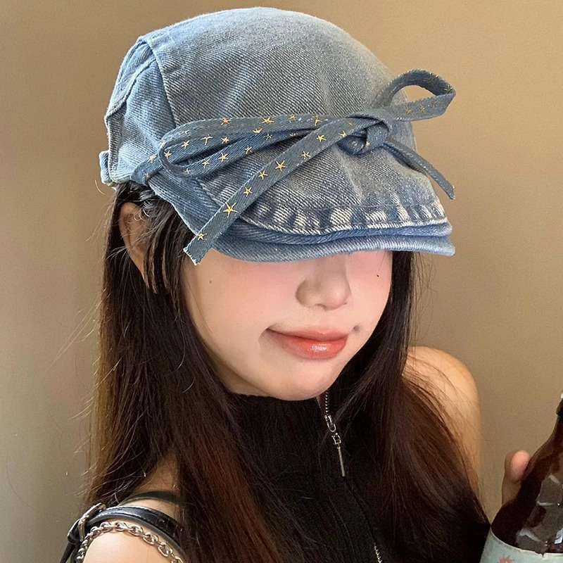 Original Bow Strap Berets Caps for Women Spring and Summer Travel Ins Versatile Sunscreen Retro Denim Forward Hats 241009