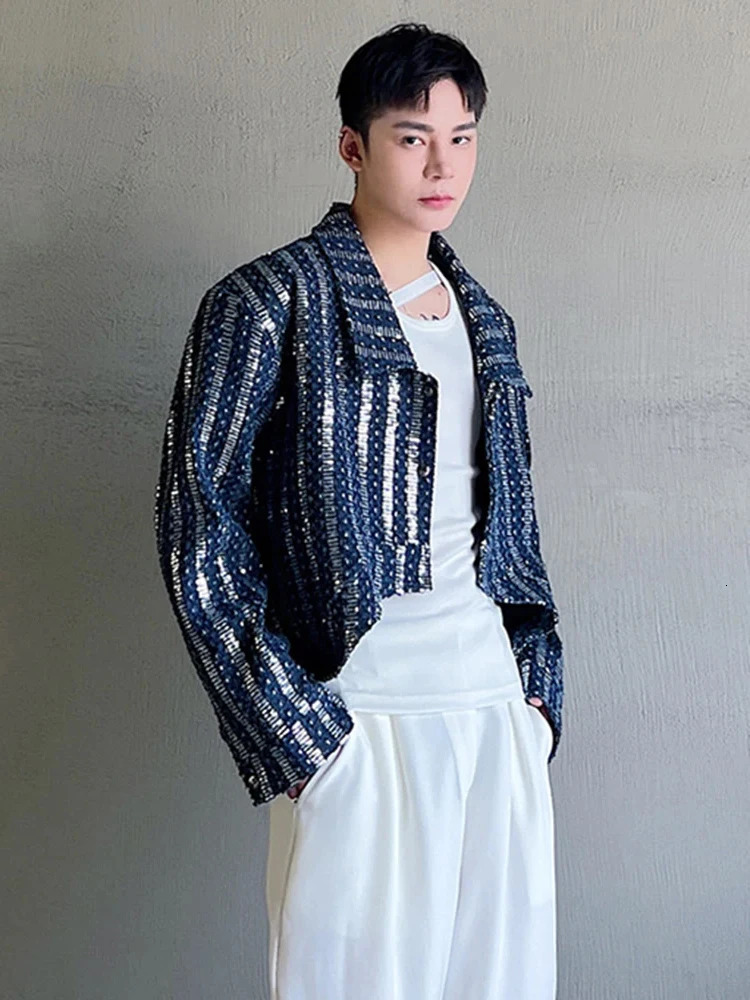 LUZHEN Denim Sequin Jacket Mens Short Coat Top 2024 Male Cardigan Fashion Long Sleeve Lapel Temperament Outerwear 87bf4e 241011